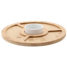 Servierset für Snacks – Bambusbrett mit 4 Fächern und Porzellanschälchen 28x4 cm *7262