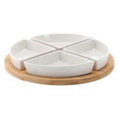 Servierset für Vorspeisen – 4 Porzellanschälchen auf rundem Bambustablett 30x4 cm *7286