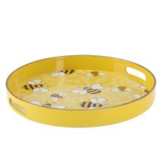 Rundes Tablett mit Griffen 33 x 33 x 4,2 cm gelb mit Bienen *7854