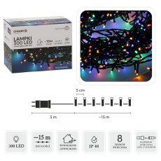 LED-Lichterkette, 300 Lichter, mehrfarbig, Länge 3 + 15 m, für innen und außen *9522