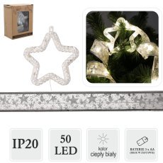 Festlicher LED-Lichterdraht mit silbernen Sternen, 50 LEDs, warmweiß, batteriebetrieben *0269