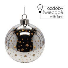 Festliche Glas-LED-Kugel Ø 10 cm, silberfarben mit Sternmotiven, Packung mit 6 Stück *2782