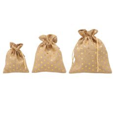 Set aus 3 Jutesäckchen 30x25 / 25x20 / 20x15 cm mit goldenen Punkten, Verpackung = 5 Stück *3840