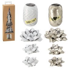 Festliches Geschenkverpackungs-Set – silber / weiß (2 Bänder + 7 Schleifen) *7595