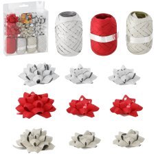Geschenkverpackungs-Set – Gold / Rot / Silber (4 Bänder + 11 Schleifen) *7625