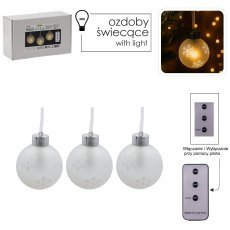 Chomik - Set aus 3 Glas-Weihnachtskugeln mit LED und Schneeflocken, inkl. Fernbedienung, 8 x 10 cm *9476