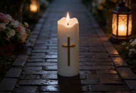 LED-Kerze 5 x 13 cm weiß mit goldenem Kreuz Display=12 Stück *5437