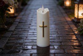 LED-Kerze 5 × 15,5 cm, weiß mit goldenem Kreuz, Display=12 Stück *5444