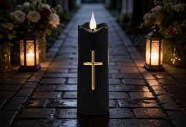 LED-Kerze 5 x 15,5 cm schwarz mit goldenem Kreuz Display=12 Stk. *5475
