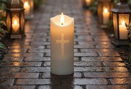 LED-Kerze 5,2 x 15 cm weiß mit Kreuz und Melodie Display=12 Stk. *9213