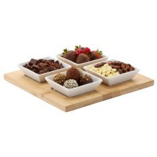 Snack-Servierset – 4 quadratische Porzellanschälchen mit Bambusbrett, 22 × 22 × 3,5 cm *7279