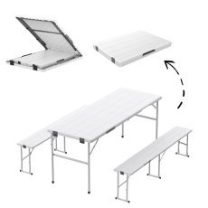Weißes Möbelset für Camping/Catering – Tisch + 2 Bänke