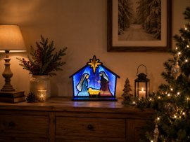 3D-Weihnachtsdekoration – Krippe mit LED-Unendlichkeitsspiegel-Effekt, 33,5 x 8 x 28,7 cm *8551