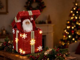 Weihnachtsdeko Weihnachtsmann im Geschenk, 26 x 26 x 32/48 cm, LED, Melodie, Bewegung *7637