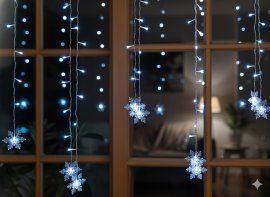 Lichtervorhang mit Schneeflocken, 96 LEDs, kaltweiß, Länge 3 + 3,5 m *0061