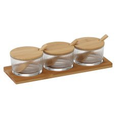 Set aus 3 Gläsern mit je 155 ml, Holzdeckeln und Löffeln auf einem Holzständer, 28 x 10 x 7 cm *3561
