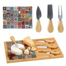Käse-Servierset mit 3 Messern, Steinplatte und Bambusbrett, 33 x 22 x 1,5 cm *3578