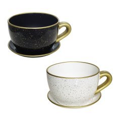 Keramik-Blumentopf in Tassenform, 24 x 19 x 14 cm, weiß/schwarz *1177