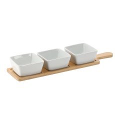 Set aus 3 quadratischen Porzellanschälchen 8,5 x 8,5 x 4 cm mit Brett *0552