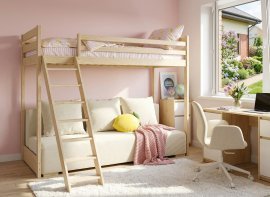 Etagenbett mit Zweisitzer-Sofa Sofino – 90x200/140x200 cm – Kiefer, beigefarbenes Gewebe Poso 38