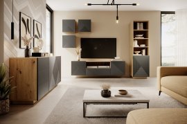 Wohnwand und Schlafzimmer Asha – River Stone/Eiche Artisan