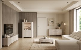 Wohn- und Schlafzimmer Vesper – Kaschmir, mit runden Beinen und schwarzen Griffen