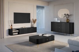 Wohnwand und Schlafzimmer Vesper – Schwarz mit goldfarbenen Griffen