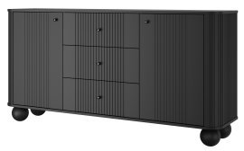 Kommode Vesper 160 2T3S – schwarz, mit runden Beinen und schwarzen Griffen