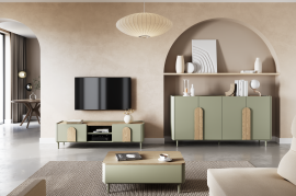 Wohn- und Schlafzimmer Amilio mit Beinen – Eukalyptus / Baltischer Dune-Eiche / Griffe in Natur-Eiche